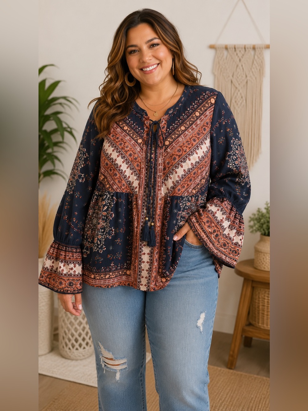 Artesia XL Boho Peasant Blouse Navy Rust Tassel Tie Bell Sleeve Floral To